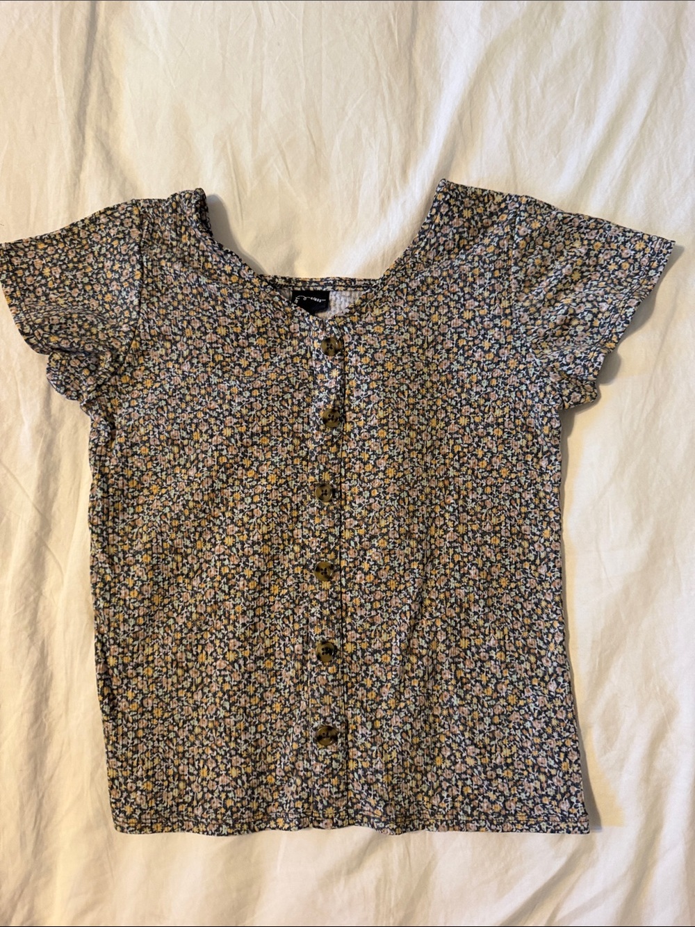 art class Black Floral Button-Front Girls Top with Yellow and Cream Accents